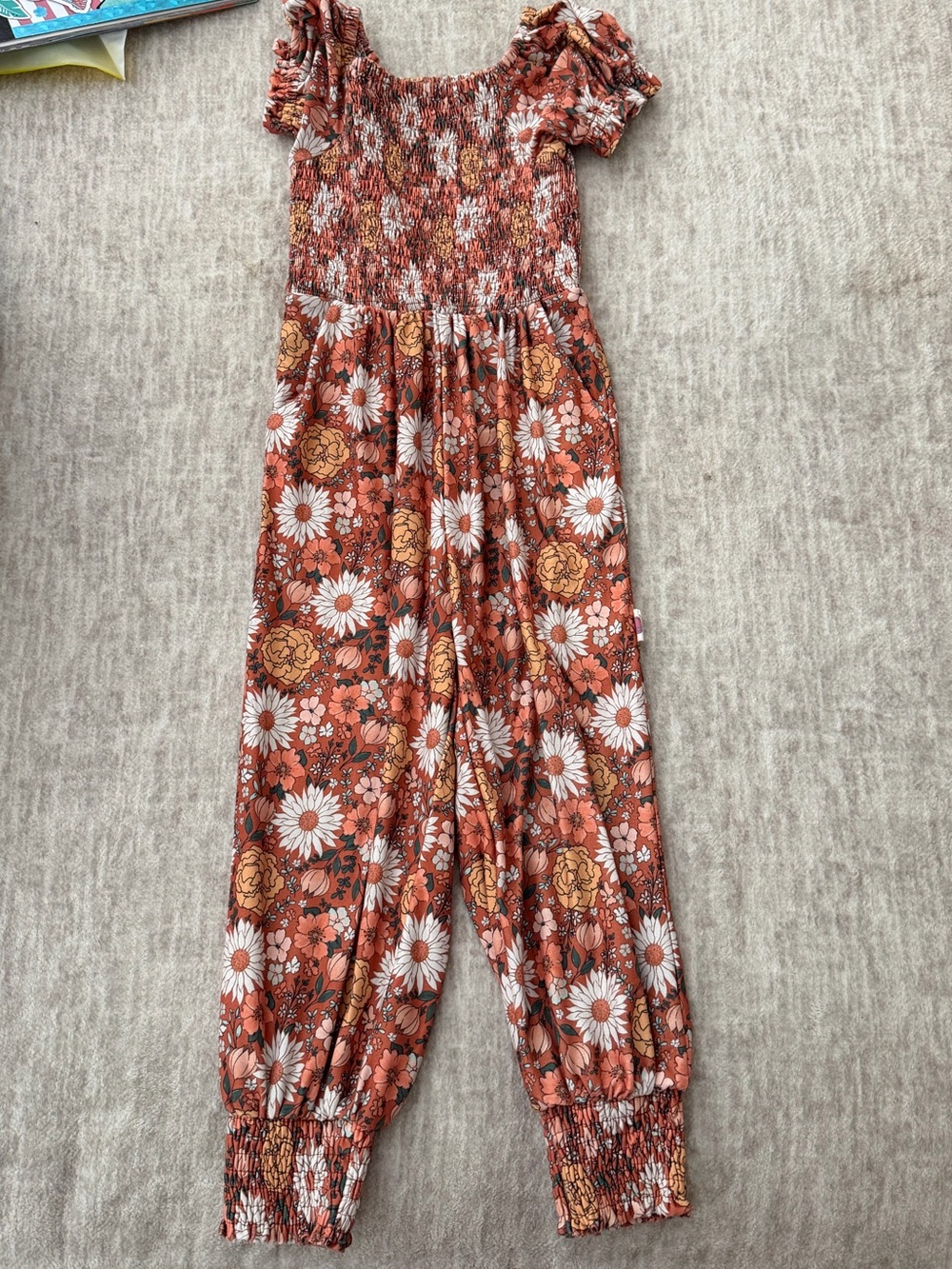 cheeky plum Rust Floral Smocked Jumpsuit with White & Mustard Flowers